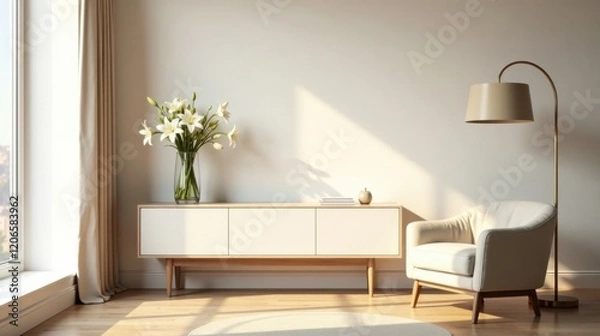 Fototapeta Serene Minimalist Living Room Interior Design Featuring a Modern Sideboard, Comfortable Armchair, and Elegant Floor Lamp Accented by a Vase of Fresh Cut Lilies in Sunlight