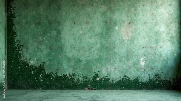 Fototapeta A Verdant Room's Aged Walls, Showing Signs of Time and Decay, Featuring a Distressed Textured Surface with Irregular Patches of Green Hue