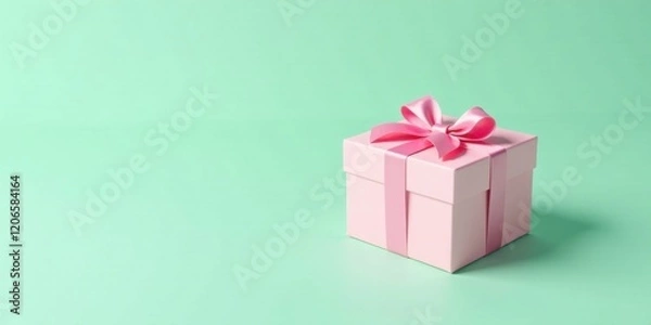 Fototapeta A Delicate Pink Gift Box with a Pretty Bow on a Mint Background