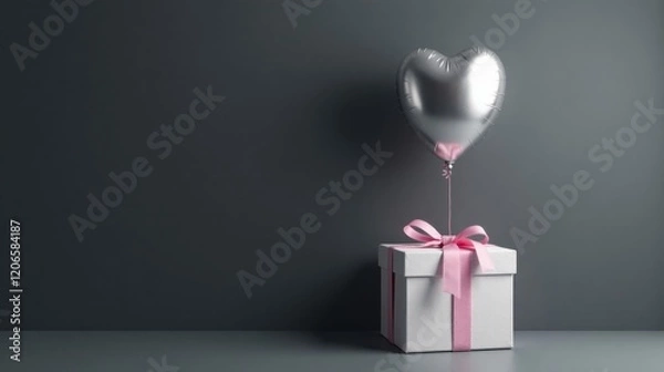 Fototapeta A Silver Heart-Shaped Balloon Floats Above a Delicately Wrapped Present, a Symbol of Affection and Celebration