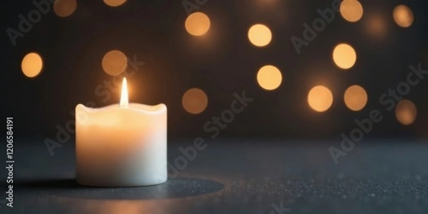 Fototapeta A single lit candle glows softly against a dark background of shimmering lights, creating a peaceful and contemplative scene.
