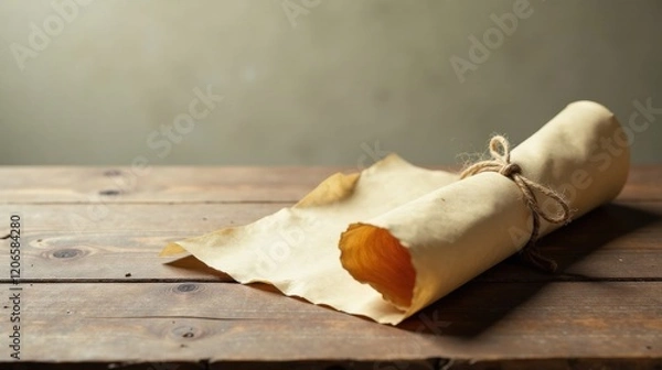 Fototapeta A Rolled-Up Parchment Document Tied with Rustic Twine Rests on a Weathered Wooden Surface