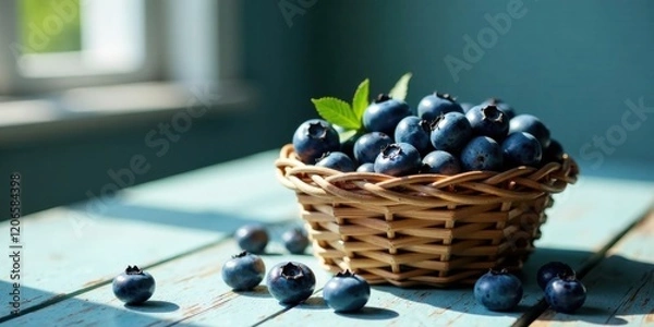 Fototapeta Sunlit Basket of Freshly Picked Blueberries on a Rustic Table