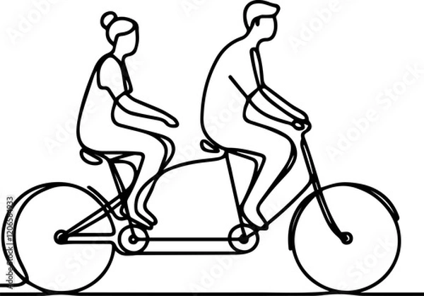 Fototapeta Line drawing of two people riding tandem bicycle on white background