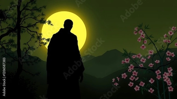Fototapeta Silhouette of a monk at night, under a large yellow moon, with mountains and blossoming trees.