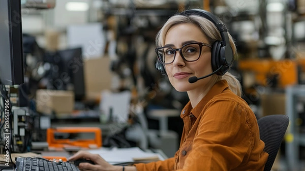 Fototapeta blonde woman wearing headset and glasses is in office looking determined while working with computer keyboard at desk in warehouse