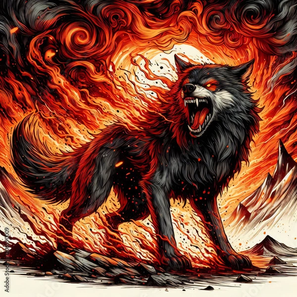 Fototapeta Angry wolf tshirt design. Angry wolf poster illustration. an angry wolf growling in front of a fiery background with ashes swirling in the air