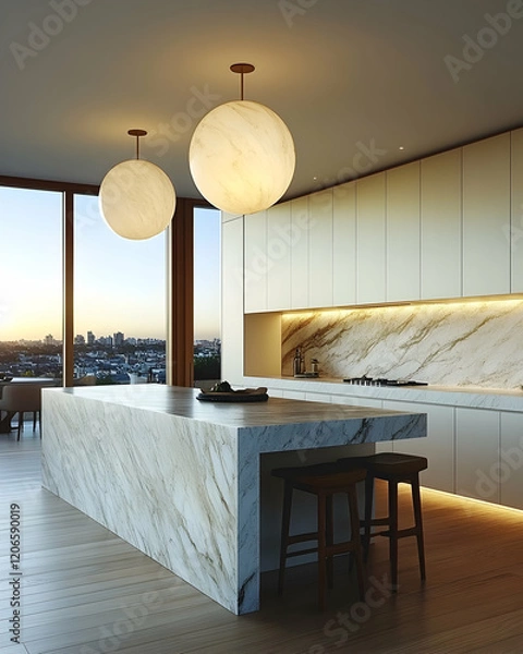 Obraz Modern luxury kitchen design featuring a large marble island, sleek cabinetry, and statement orb lighting, overlooking a stunning city skyline at sunset.