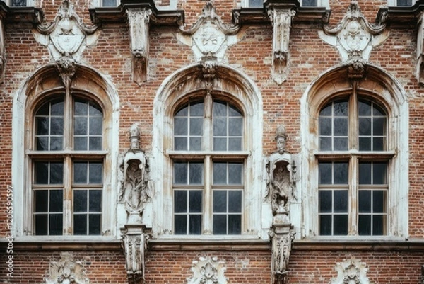 Fototapeta Historic building facade featuring ornate brickwork and sculptures with large windows in an urban setting during daylight