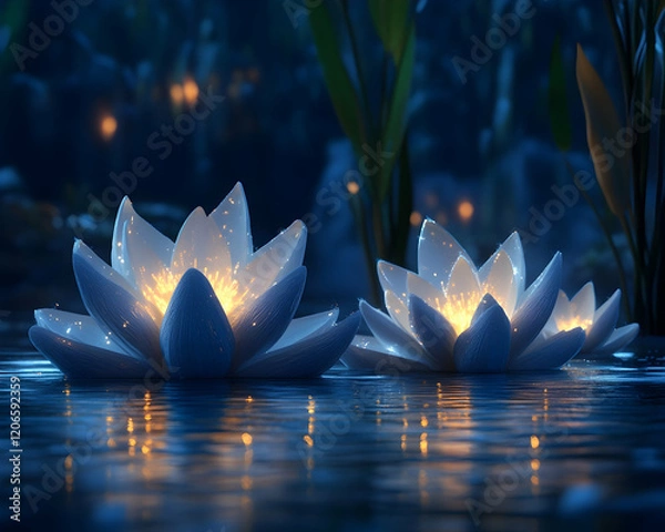 Obraz Enchanting glowing lotus flowers illuminate a tranquil nocturnal pond, creating a serene and magical atmosphere. Perfect for meditation, spa, or fantasy themes.