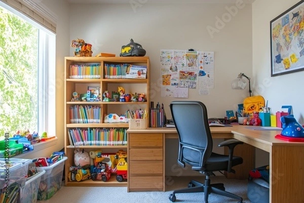 Fototapeta Child's bright, organized room with desk, bookshelf, toys, and window.