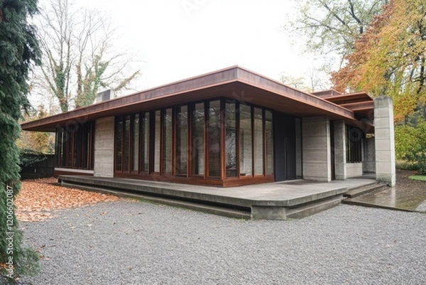 Obraz Modern architectural masterpiece featured in a serene natural environment during autumn, showcasing a blend of glass and concrete elements with surrounding foliage