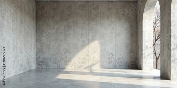 Fototapeta Sunlit Minimalist Concrete Room with Archway and Distant Trees
