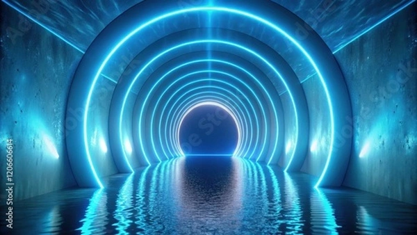 Obraz Abstract Neon Tunnel with Reflective Water Surface, Glowing Circular Lights and Dark Concrete Walls