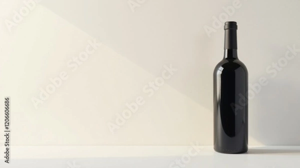 Fototapeta A single dark glass bottle rests on a minimalist surface, bathed in soft sunlight against a neutral backdrop.