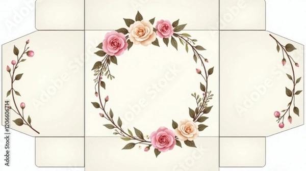 Fototapeta Elegant Floral Envelope Template Design with a Circular Wreath of Roses and Buds