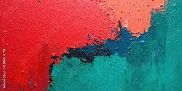Fototapeta Abstract Textured Paint Splatter Background with Vivid Hues of Red, Teal, and Black