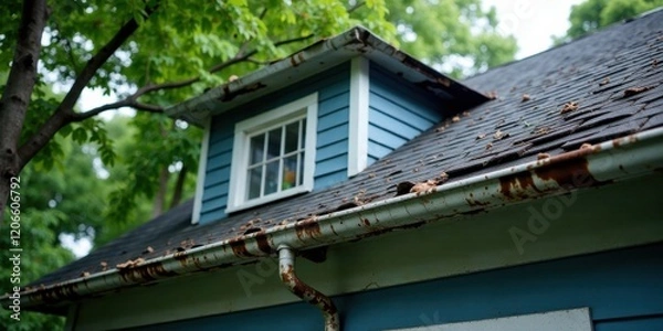 Fototapeta Rustic charm, weathered elegance a close-up view of a home's aged dormer window and decaying roofline, showcasing the passage of time and the beauty of natural decay