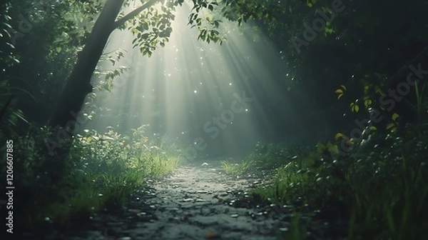 Fototapeta Sunbeams Illuminating a Path Through a Dense Forest
