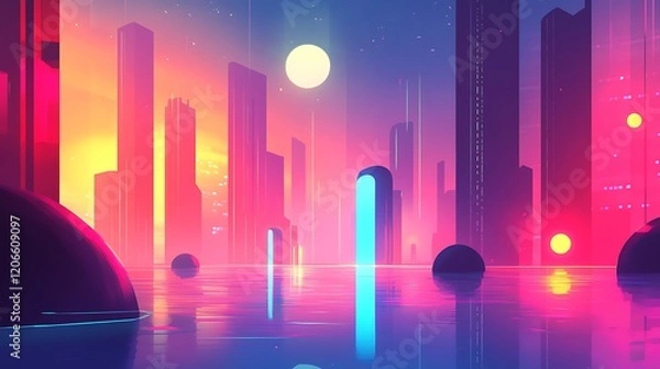 Fototapeta Neon Cityscape with Abstract Reflections on Water