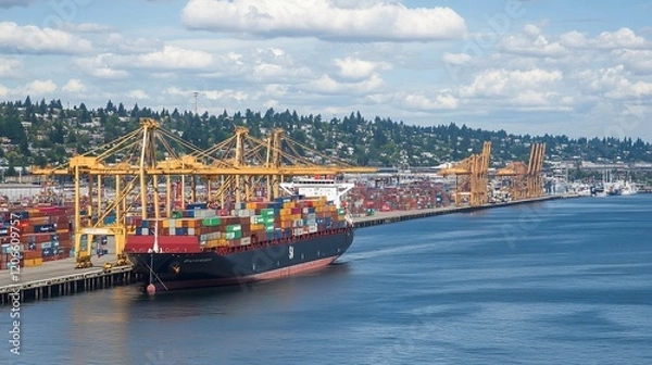 Obraz Container ship docking, port city, cargo loading, hillside background, global trade