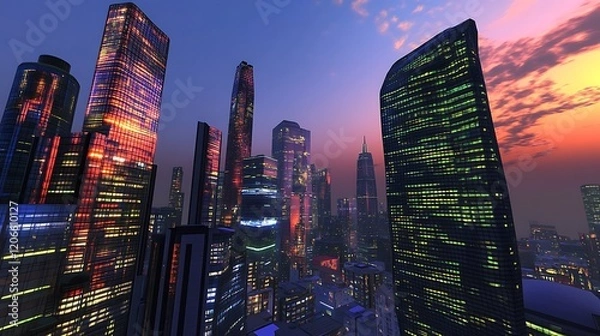Fototapeta Skyscrapers Illuminated at Dusk with a Pink and Orange Sky