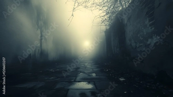 Fototapeta A Foggy and Eerie Alleyway with a Glimmer of Light in the Distance