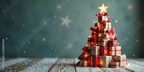 Fototapeta A Festive Arrangement of Wrapped Gifts Forming a Sparkling Christmas Tree on a Snowy Wooden Surface