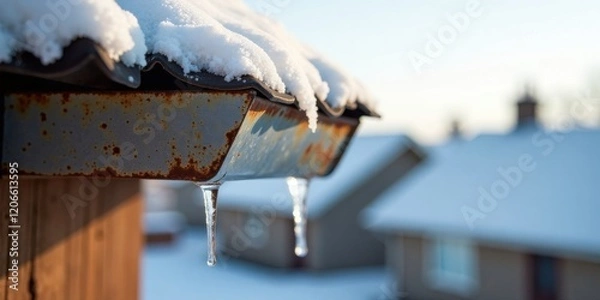 Fototapeta Winter icicles hanging from a weathered metal roof gutter, a tranquil winter scene with softly blurred background of snow-covered houses
