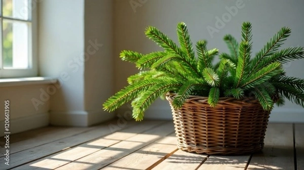 Fototapeta Sunlit Evergreen Branches in a Rustic Wicker Basket on Wooden Floor
