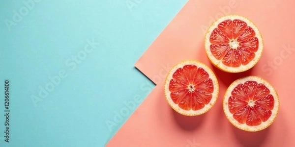 Fototapeta Vibrant citrus fruit halves arranged on a two-toned background, showcasing their juicy segments and bright colors.