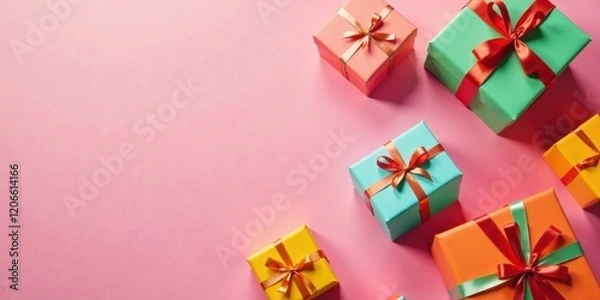 Fototapeta A vibrant array of festively wrapped presents, adorned with colorful ribbons and bows, arranged on a soft pink background, creating a cheerful and celebratory scene.
