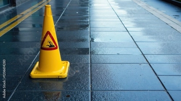 Fototapeta Yellow caution cone on wet pavement indicating a slip hazard