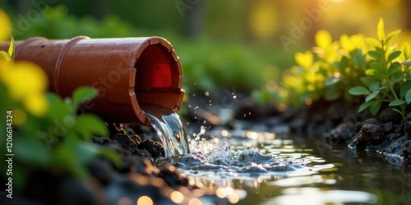 Fototapeta Terracotta Pipe Irrigation System in a Lush Garden Setting at Golden Hour
