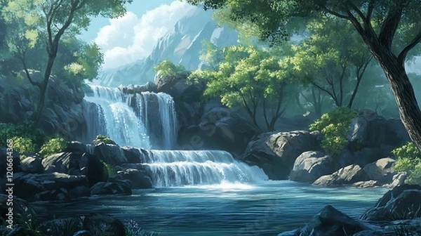Fototapeta A Tranquil Waterfall Cascading into a Still Pool Surrounded by Lush Greenery