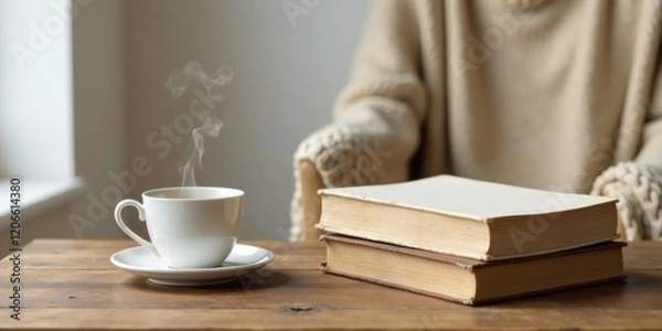 Fototapeta A steaming cup of hot beverage beside a stack of well-worn books rests on a rustic wooden surface, suggesting a cozy and contemplative moment.