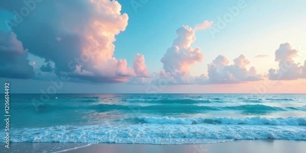 Fototapeta Serene Ocean Waves Crashing Gently on a Sandy Shore Under a Pastel Sky at Sunset