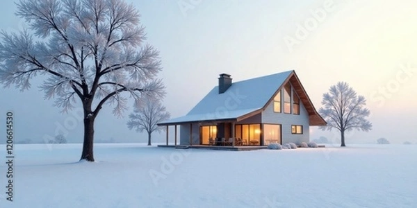 Fototapeta Serene Winter Residence A Cozy Modern Home Amidst Frosty Trees and Pristine Snow