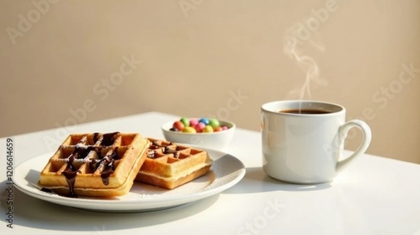 Fototapeta A delightful morning treat warm waffles drizzled with rich chocolate, accompanied by a steaming cup of coffee and a small bowl of colorful candies.