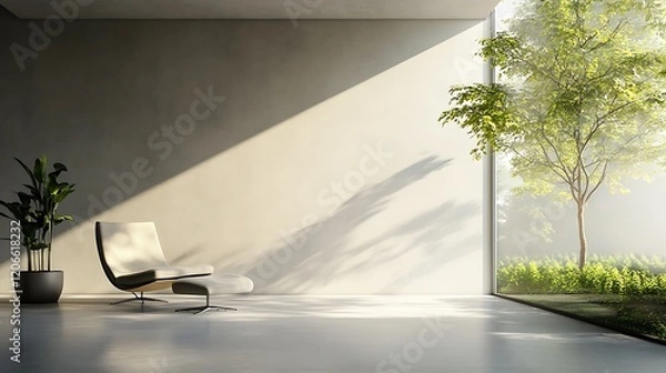 Fototapeta Minimalist Interior Design with a White Chair and a View of Greenery Through a Window