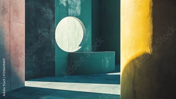 Fototapeta Abstract Architectural Interior with Circular Window and Colored Walls