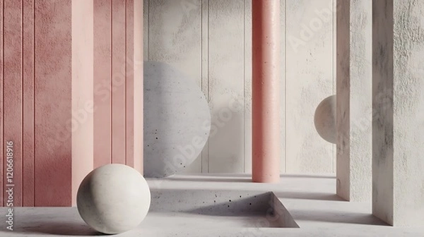 Fototapeta Abstract Geometric Composition with Pink and White Walls and Spheres
