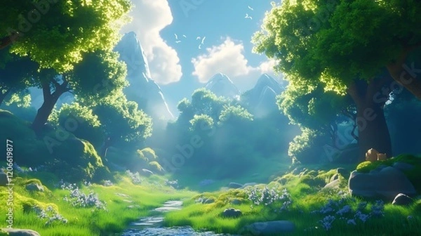 Fototapeta Serene Stream Winding Through a Lush, Forested Valley