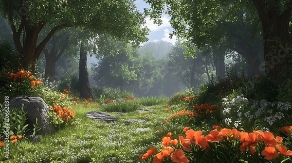 Fototapeta Sunbeams Filtering Through Trees in a Flowery Forest Clearing