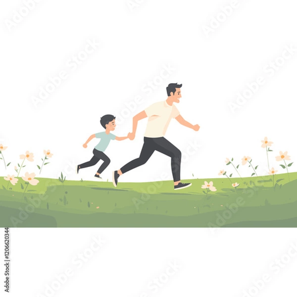 Obraz Dad and son running flowers grass green vector