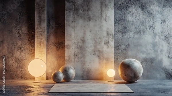 Fototapeta Minimalist Concrete Room with Spherical Lights and Objects