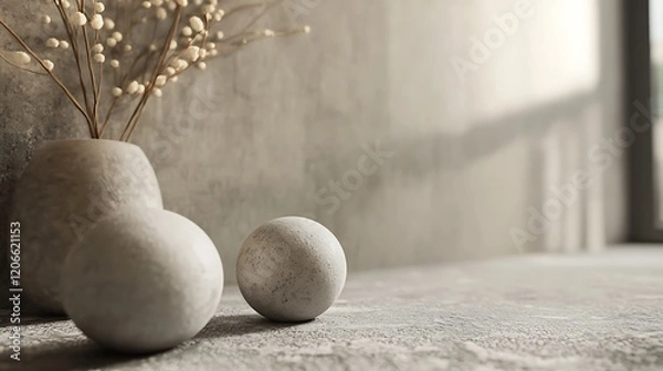 Fototapeta White Flower Branches in a Vase with Two Round Objects on a Gray Surface
