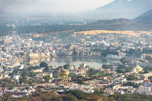 Obraz Panoramic view of Pushkar city from Savitri goddess temple, Rajasthan, India, 24 Jan 2024