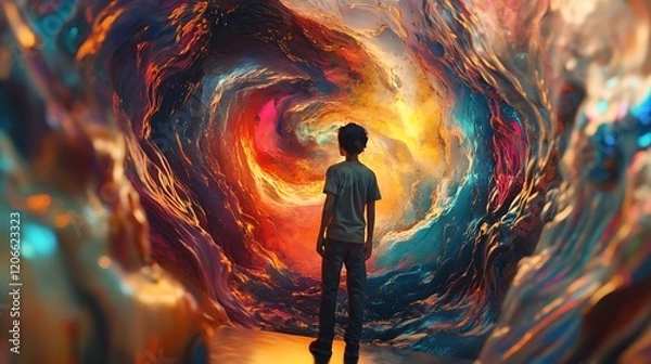 Fototapeta A Person Standing Before a Large, Abstract, Swirling, Multicolored Painting
