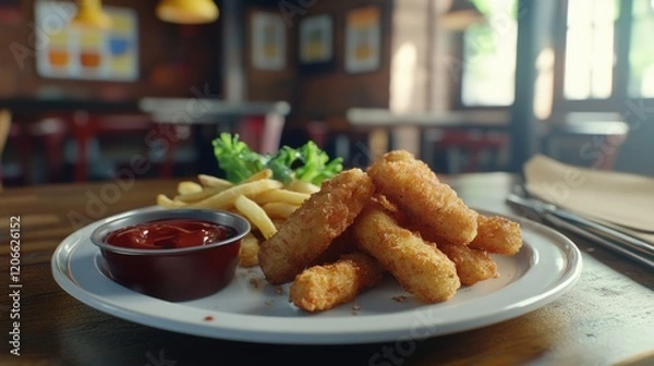 Fototapeta A plate of nugget stick with sacue and fries on wooden table